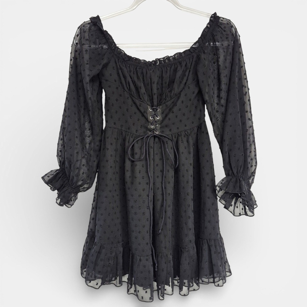 Black Swiss Dot Lace Up Corset Mini Dress Ruffle Trim XS Grunge Whimsigoth Fairy